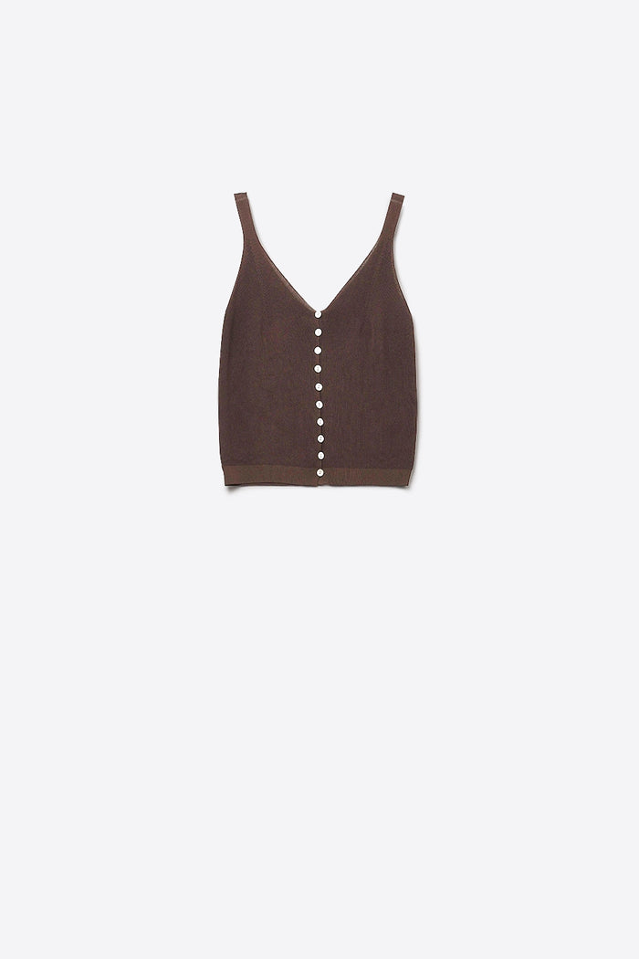 brown Knit Buttoned Crop Top