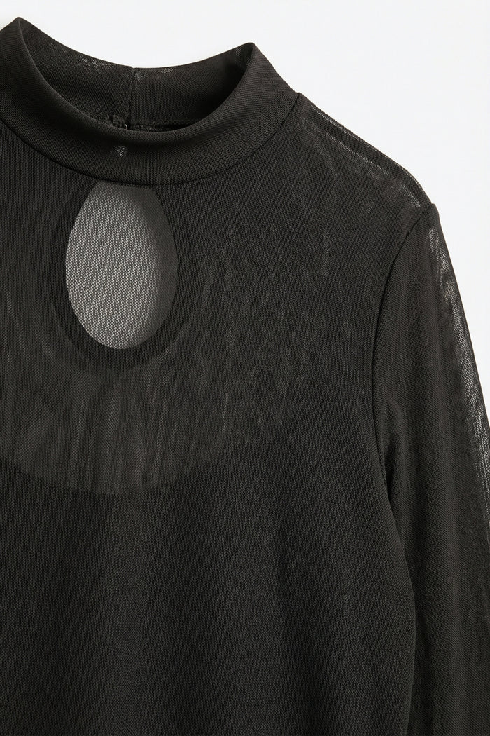 Brown Sheer Mesh Long Sleeve Mock Neck Bodysuit