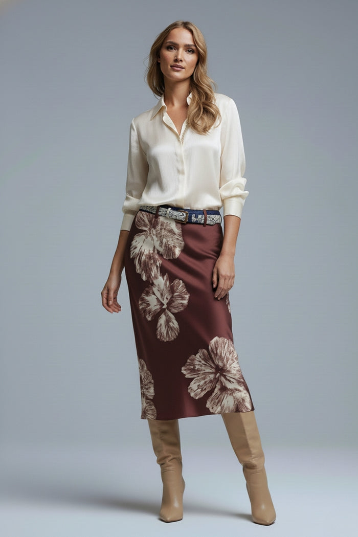 Burgundy Floral Satin Midi Skirt in satin