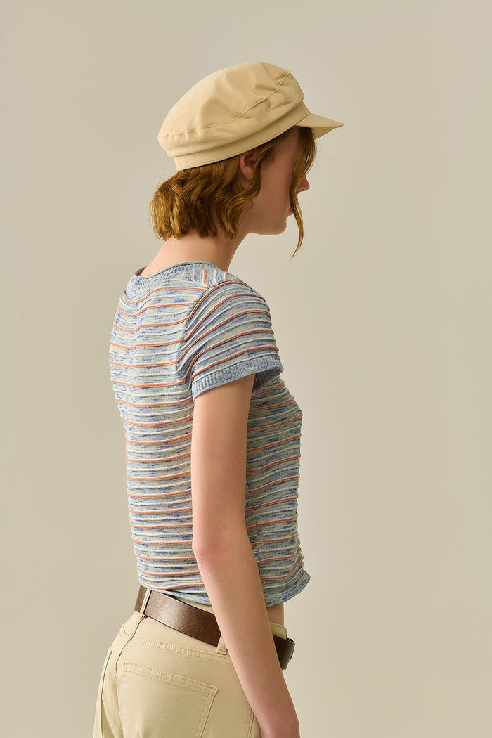 Buttoned Sweater In Blue Featuring Orange Stripes