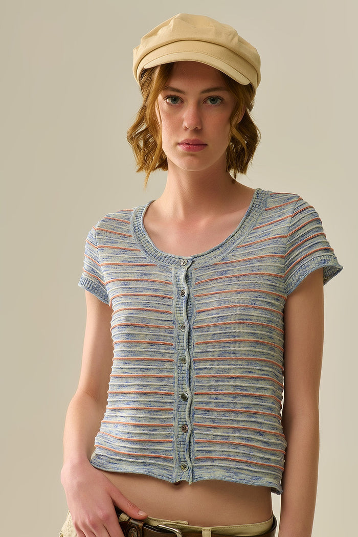 Buttoned Sweater In Blue Featuring Orange Stripes