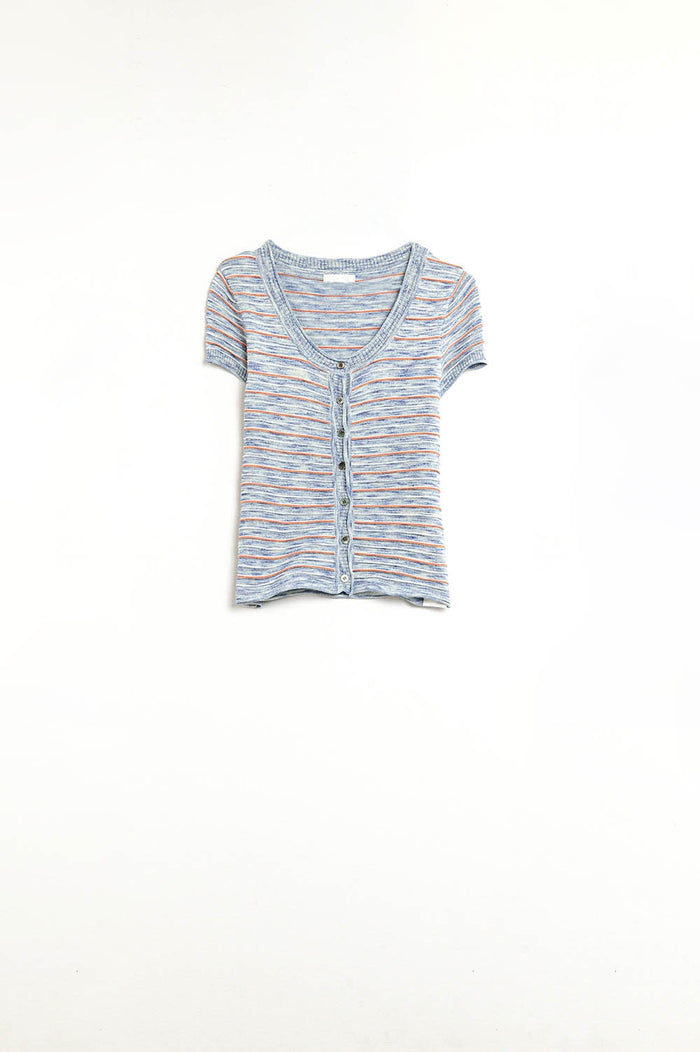 Buttoned Sweater In Blue Featuring Orange Stripes