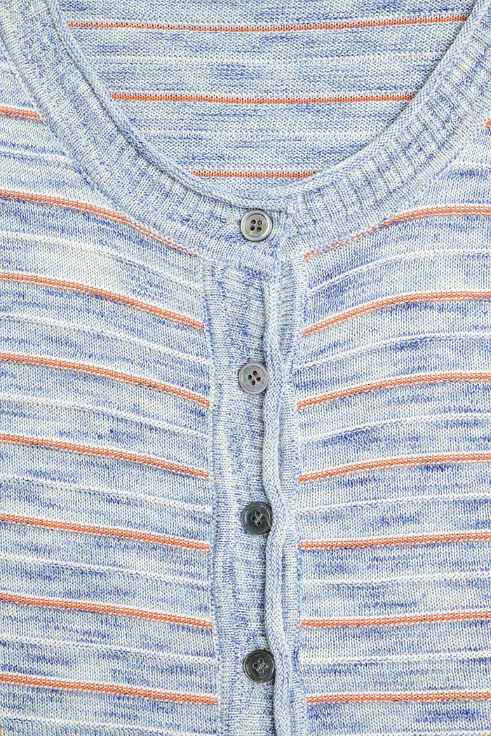Buttoned Sweater In Blue Featuring Orange Stripes