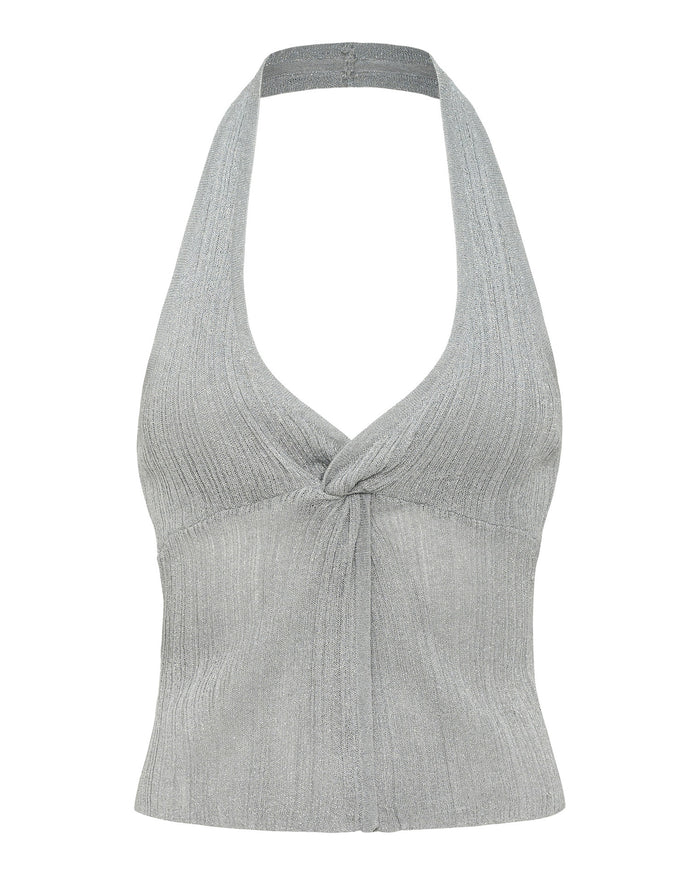 Off-model view of the LSPACE Callie Halter in metallic silver, showing the deep V-neckline with a twist-knot front detail and halter neck strap in ribbed metallic silver knit fabric.