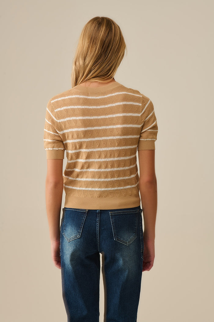 Camel Openwork Knit Top with Short Sleeves and White Stripes