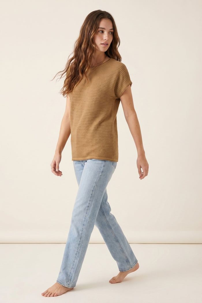 Camel Ribbed Knit Short Sleeve Sweater