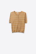 Camel Striped Short Sleeve Button-Up Cardigan