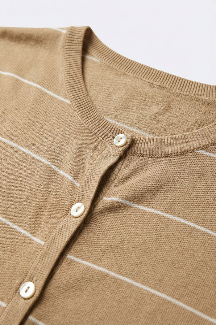Camel Striped Short Sleeve Button-Up Cardigan