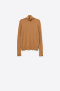 Camel turtleneck sweater with gold buttons on the cuff