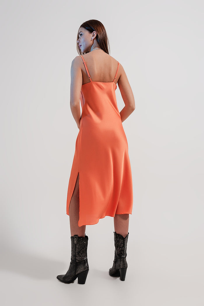 Cami midi slip dress in high shine satin in orange - dress