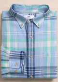 spring button down Cedar Island Plaid Linen Rayon Tide Blue Sport Shirt by Southern Tide