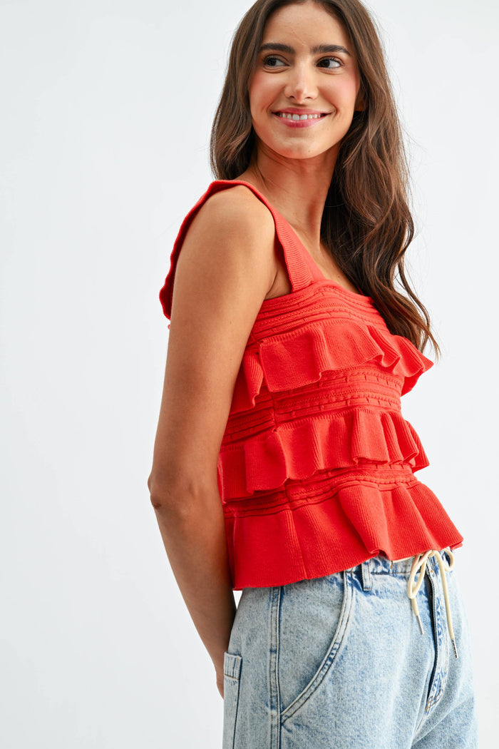 Celebrate Good Times Red Ruffle Sleeveless Knit Top