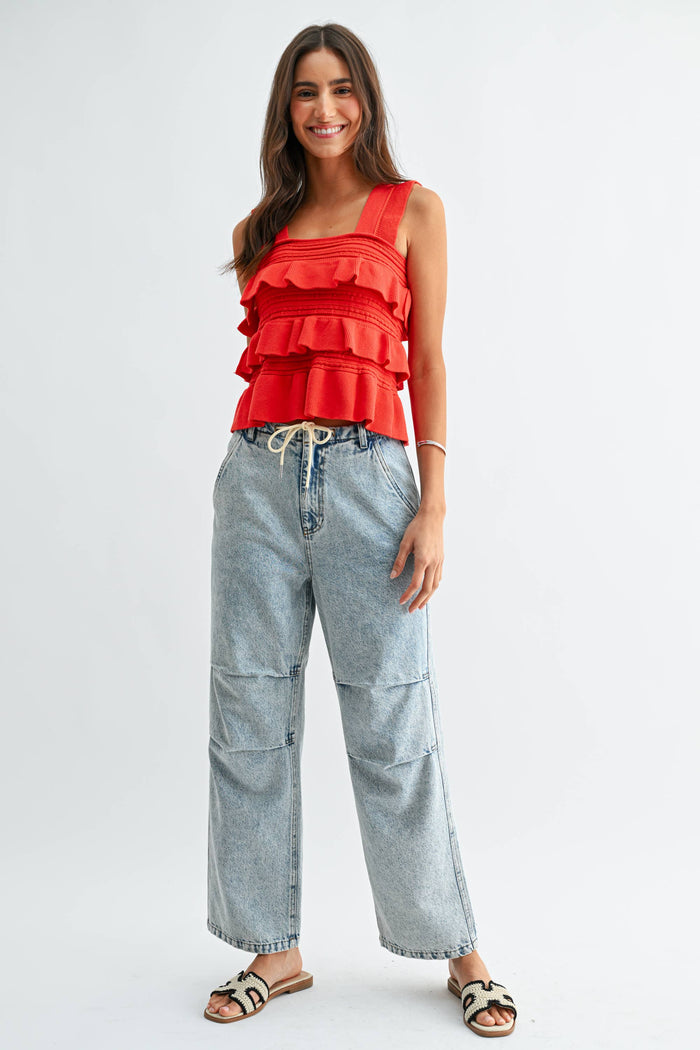 Celebrate Good Times Red Ruffle Sleeveless Knit Top