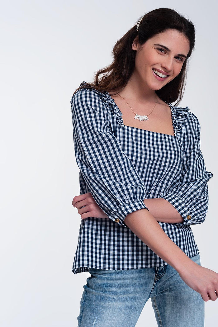 Check square neck top in navy
