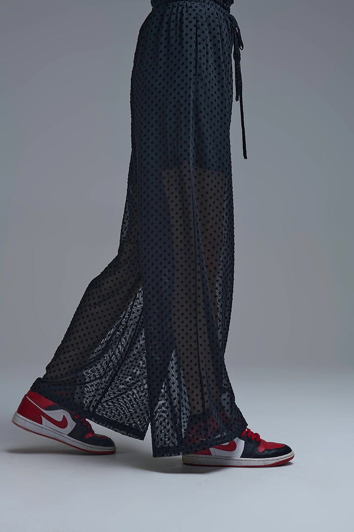 Chic Black Sheer Polka Dot Pants - trousers
