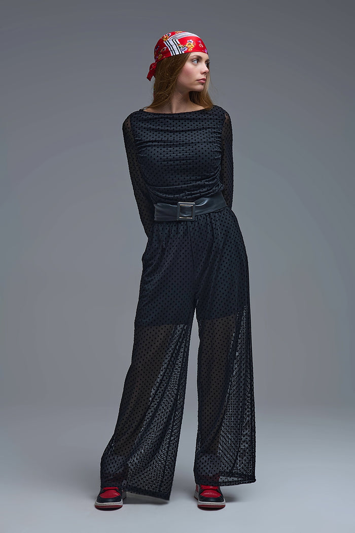 Chic Black Sheer Polka Dot Pants - trousers