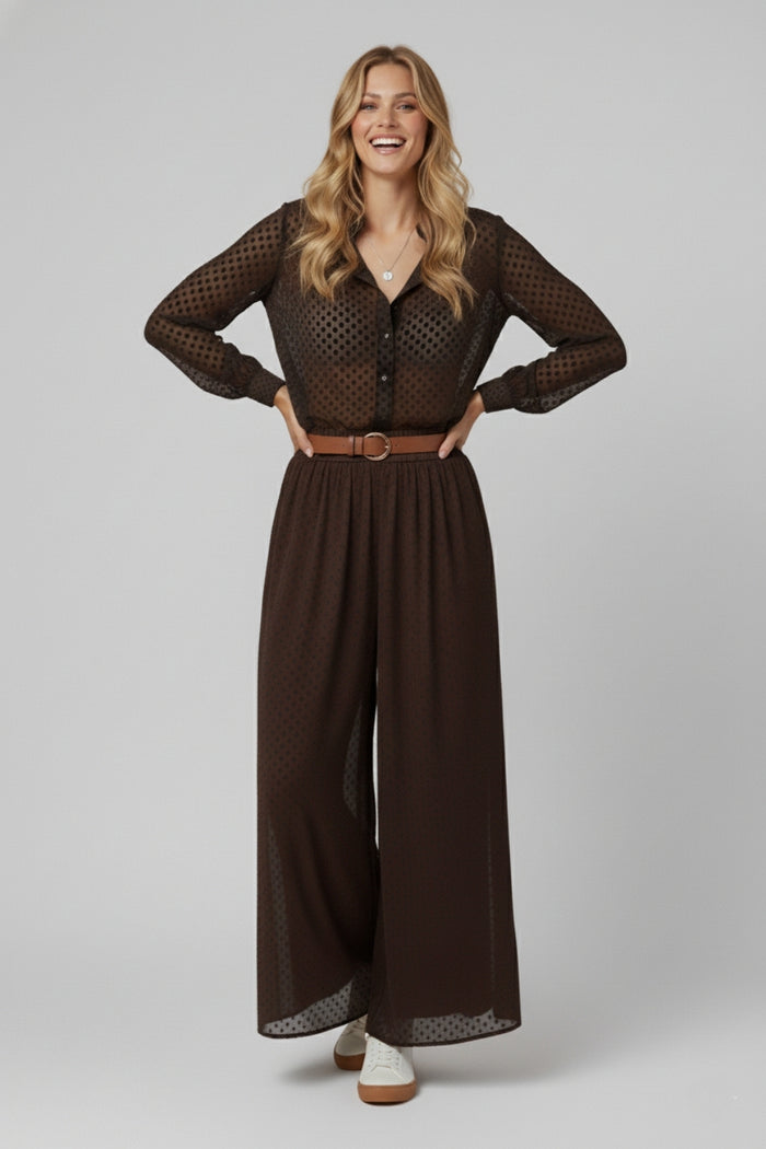 Chic Brown Sheer Polka Dot Pants with side pockets - trousers