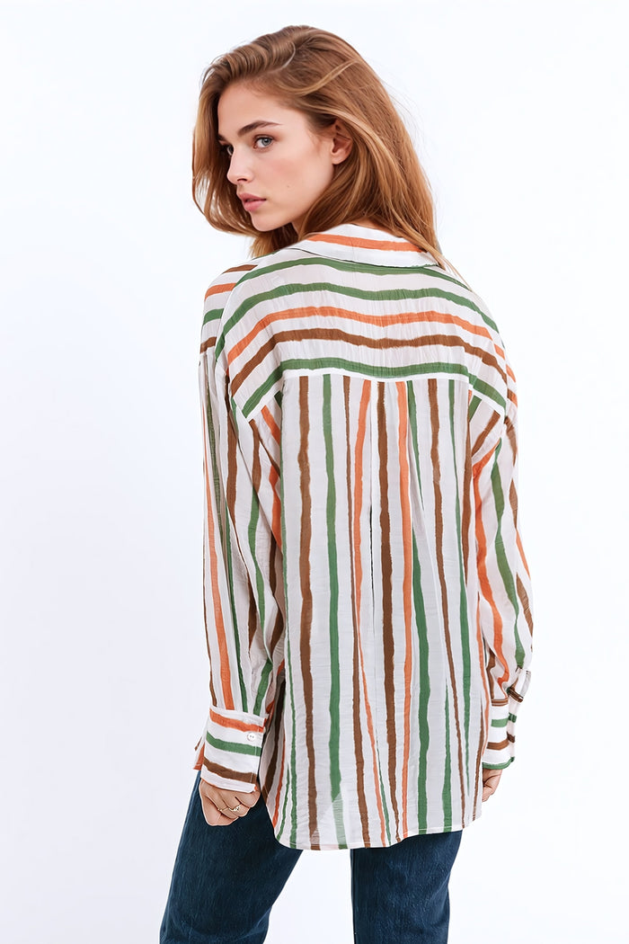 chiffon long sleeve shirt with multicolor stripes green and brown - Shirts