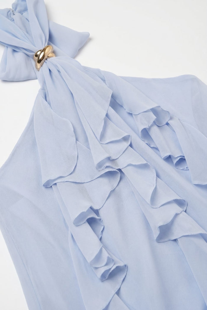 Chiffon Ruffle Halter Neck Top in Light Blue