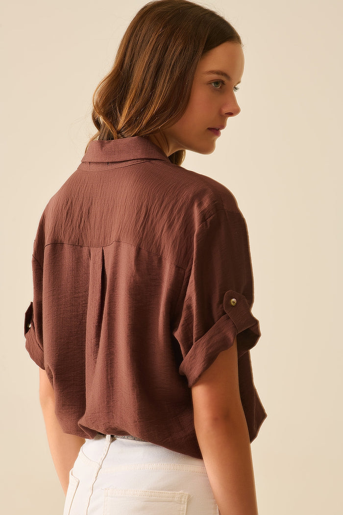 Chocolate Brown shirt with short sleeves and pleat on the sleeve - Shirts