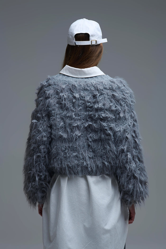 Chunky Shag Style Fluffy Knitted Cardigan in Grey