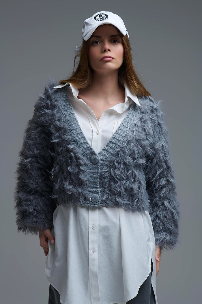 Chunky Shag Style Fluffy Knitted Cardigan in Grey