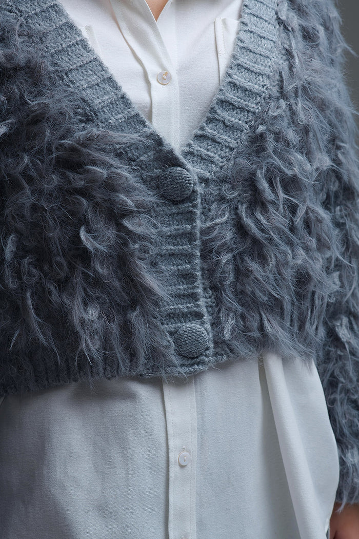 Chunky Shag Style Fluffy Knitted Cardigan in Grey