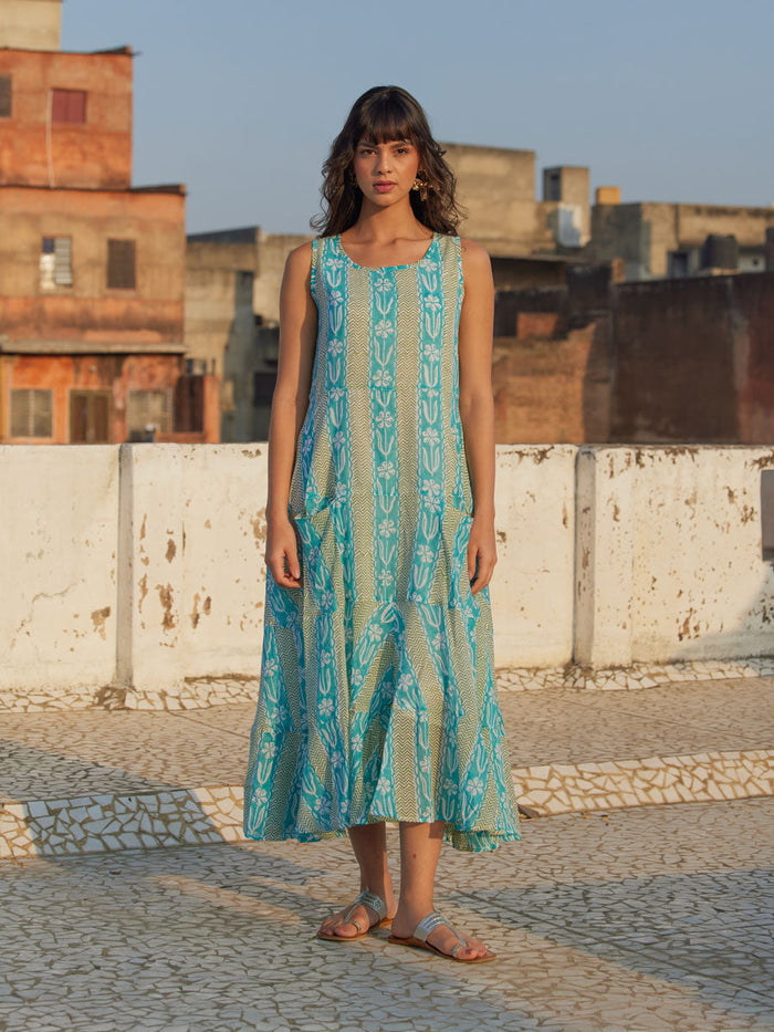 Blue, Green Women Sleeveless Cotton Dress  |Pinklay