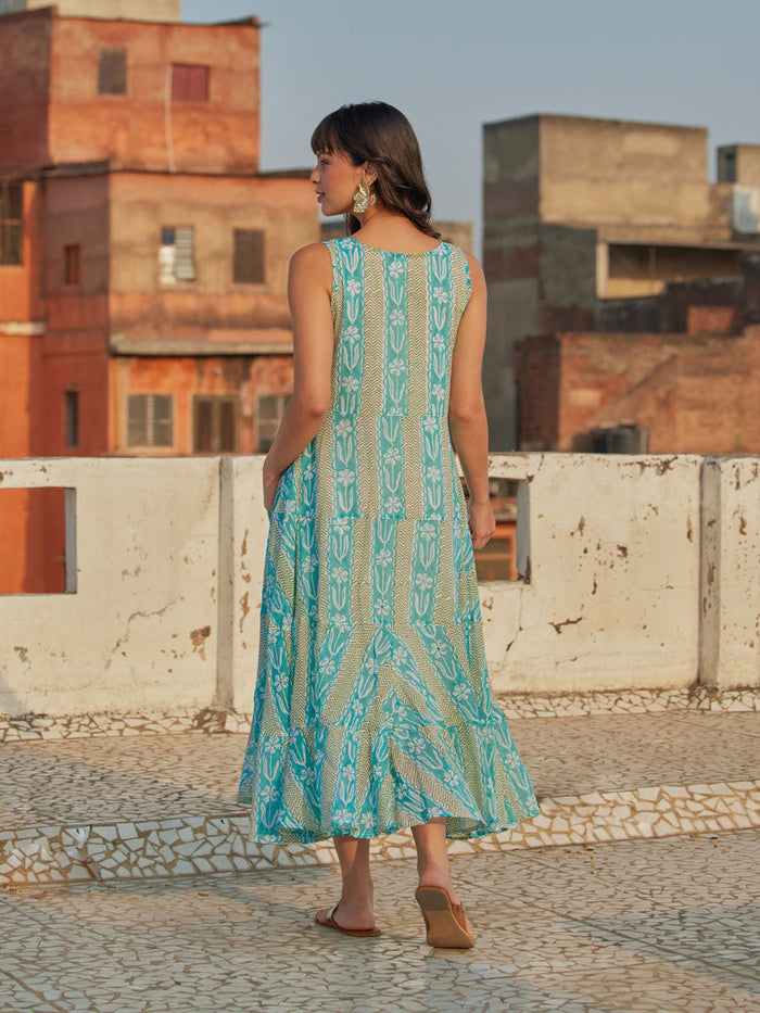 Blue, Green Women Sleeveless Cotton Dress  |Pinklay