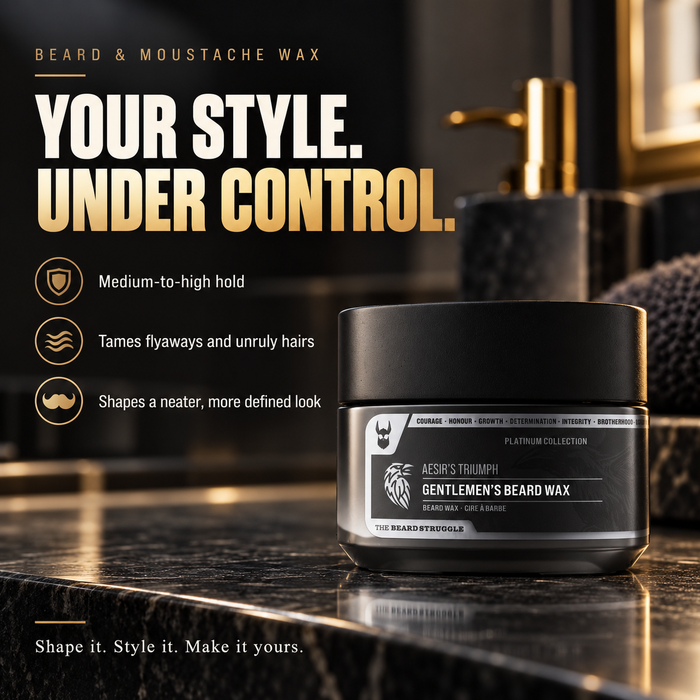 Clear Mustache Wax jar in Aesir's Triumph on a marble bathroom counter, headline Your Style Under Control, medium-to-high hold, tames flyaways, shapes a neater look