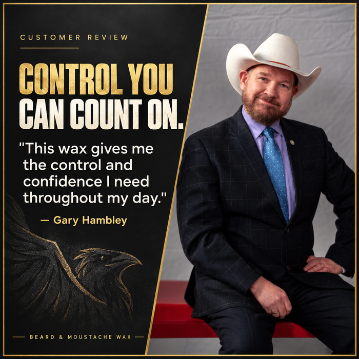 Customer review of Clear Mustache Wax from Gary Hambley in a white cowboy hat and suit, headline Control You Can Count On