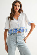 Cotton Crop Top With Shell Embroidered