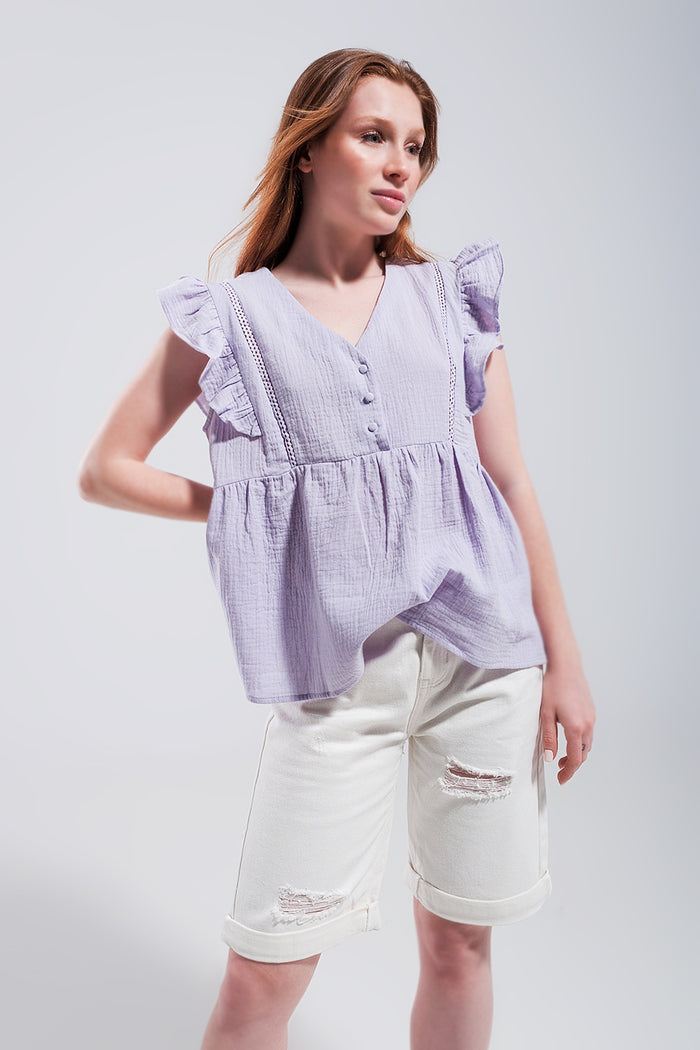 Cotton tank top with ruffle sleeves in lilac - Shirts