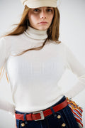 Cream basic ribbed sweater with high neck