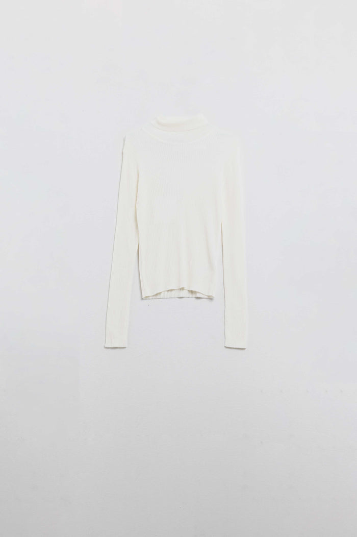 Cream basic ribbed sweater with high neck