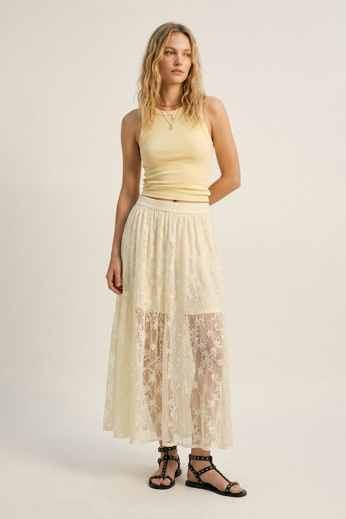 Cream Floral Lace fabric Maxi Skirt with Elastic Waist