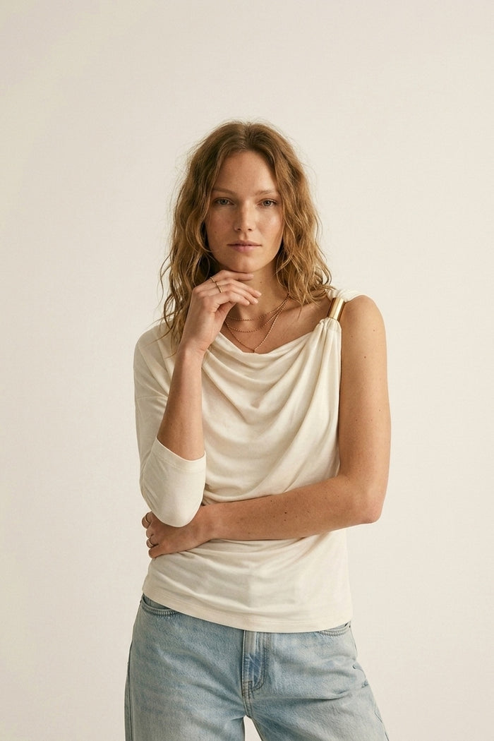Cream one sleeve Top in elastic viscose with Gold Accent Detail