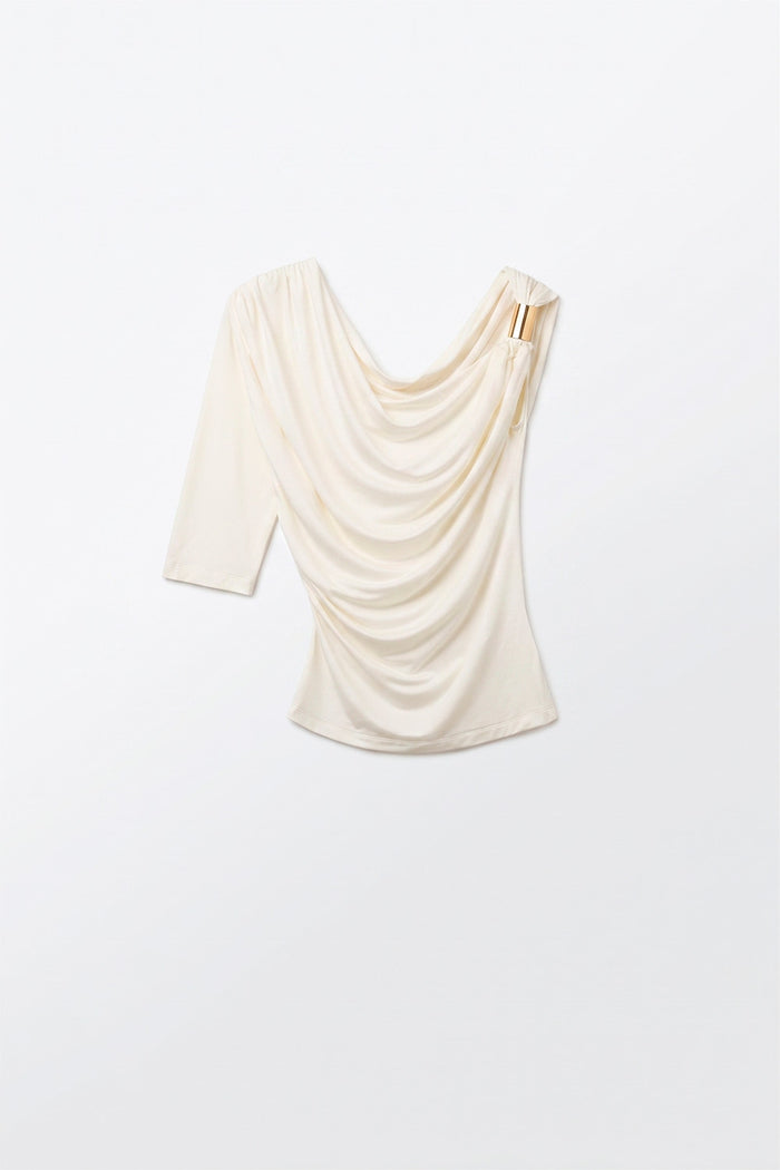 Cream one sleeve Top in elastic viscose with Gold Accent Detail