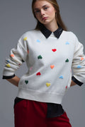 Cream Sweater With Multicolor Embroidered Hearts