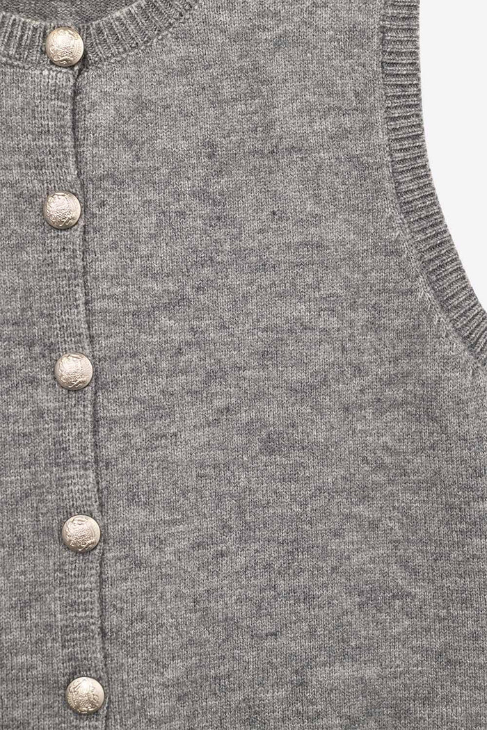 Crew Neck Metallic Button knitted Vest In Grey