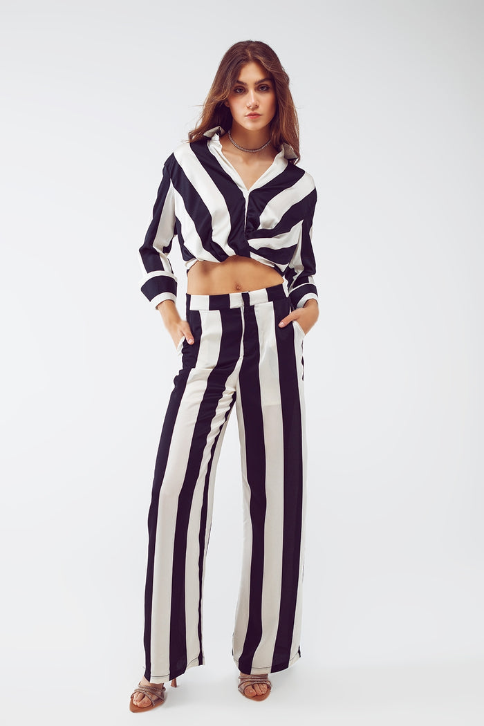 Crop Shirt With Knot Detail in Black and White Stripes - Shirts