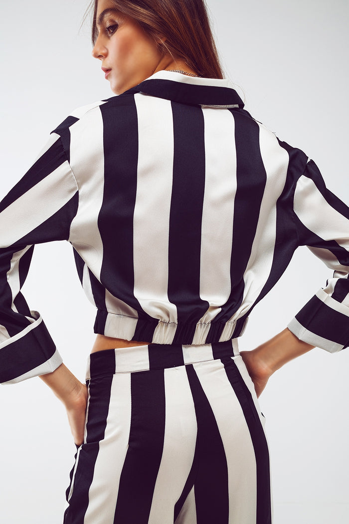 Crop Shirt With Knot Detail in Black and White Stripes - Shirts