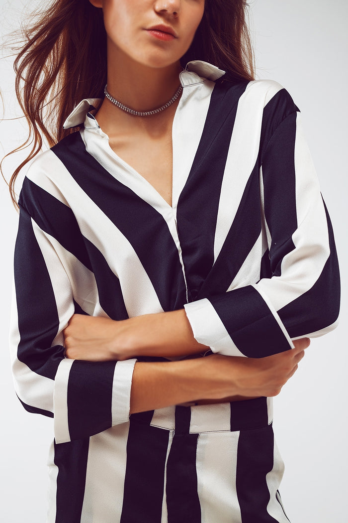 Crop Shirt With Knot Detail in Black and White Stripes - Shirts