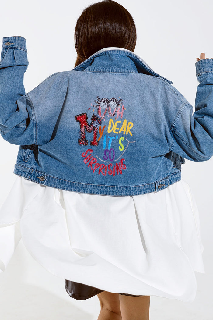 Cropped Denim Jacket with zipper closure and hand painted print at the  back