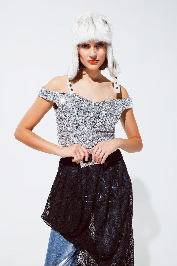 Cropped sequin glitter top in silver