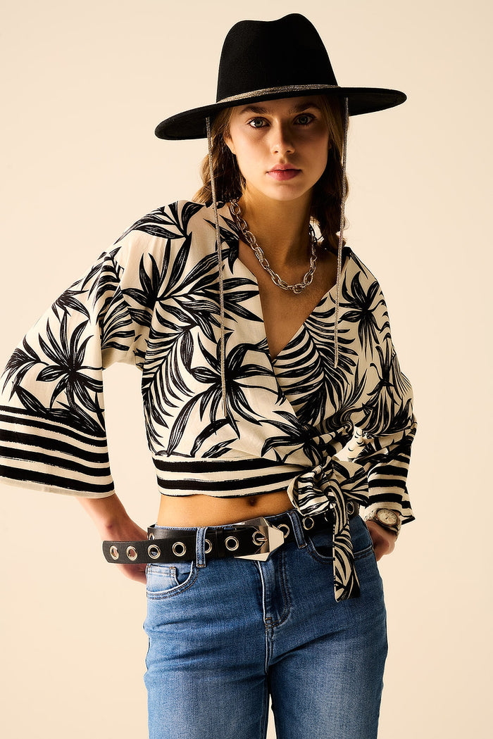 Cropped Top In White With Tropical Motif in Black - Shirts