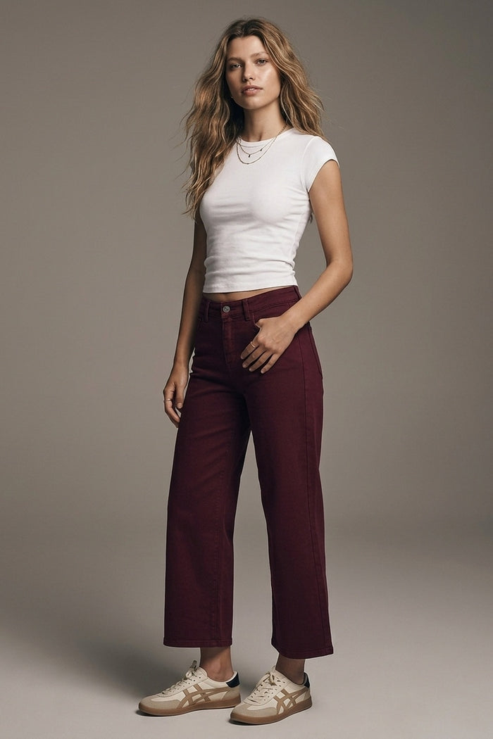 Cropped wide leg jeans in burgundy - Coloured Jeans