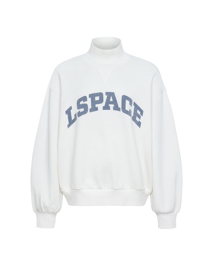 Flat-lay product shot of the Crush Sweatshirt in cream, a cream quarter-zip pullover sweatshirt with "LSPACE" collegiate arch lettering in blue and slate.