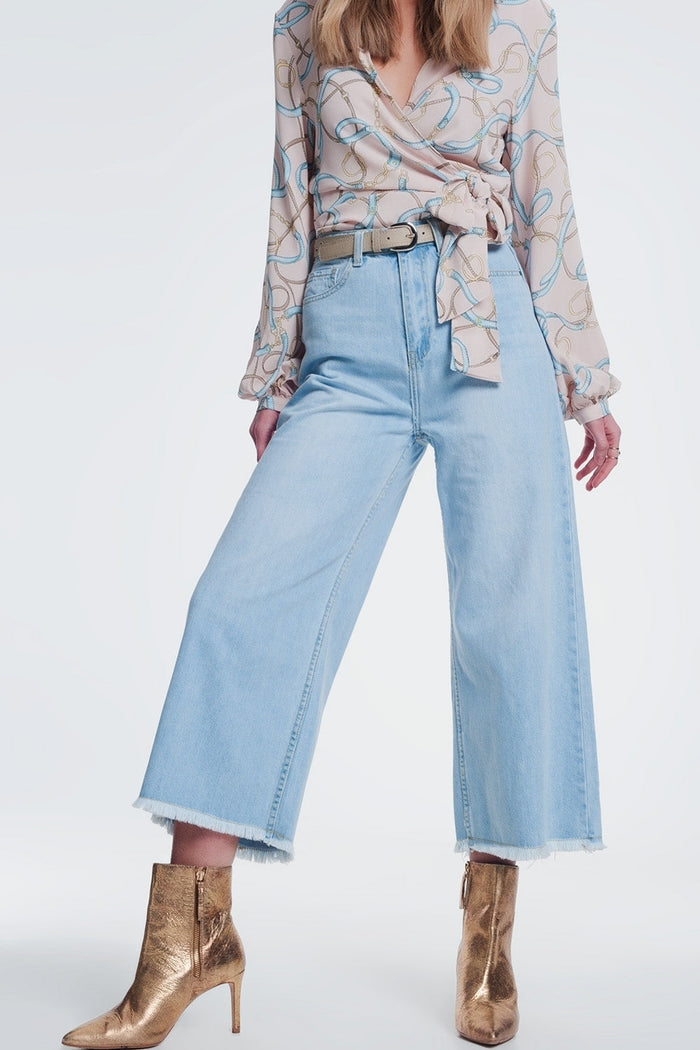 Culotte jeans with ripped hem - Denim