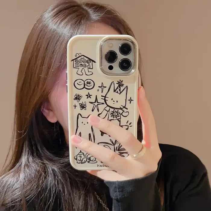 arafed woman taking a selfie with her phone while holding a camera